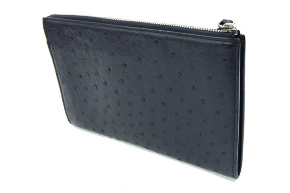 Salvatore Ferragamo Bag Exotic Clutch Navy Blue Leather Ostrich Shoulder Blue